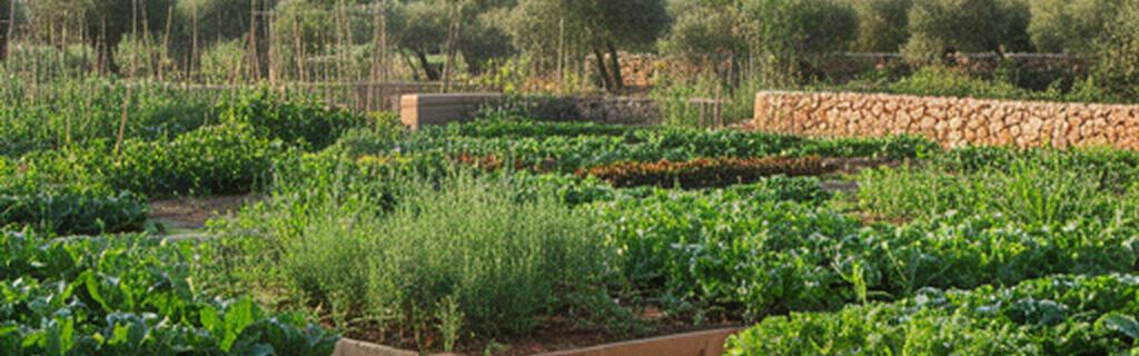 Plataforma de madera junto a una huerta ecológica durante una mañana luminosa