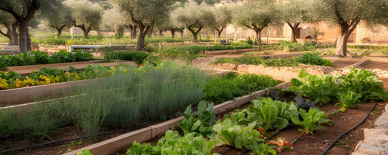 Huerta ecológica de una finca mallorquina con riego por goteo, bancales de cultivo y árboles mediterráneos